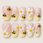 ACEGRIP Blush Bee Garden press-on nails in peach nude, yellow, and white, with bee motifs, style FD9058