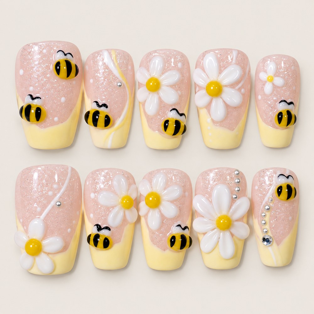 Blush Bee Garden - Peach Nude Bee & Floral Press-On Nails