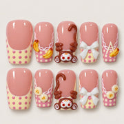 ACEGRIP Rose French Dots press-on nails in pink, yellow, white, and brown, with French-tip color blocking, style FD9059