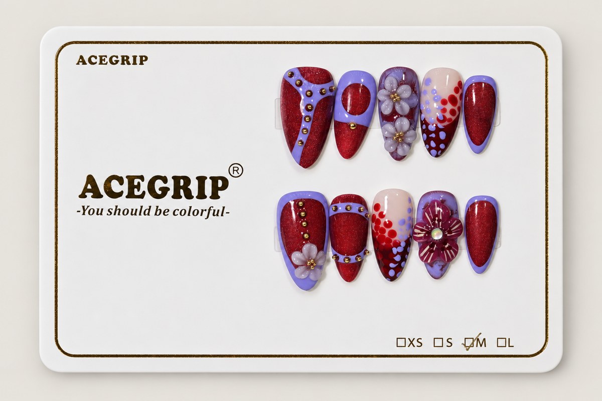 ACEGRIP Violet Bloom, style FD9060, complete 10-nail set on its presentation card