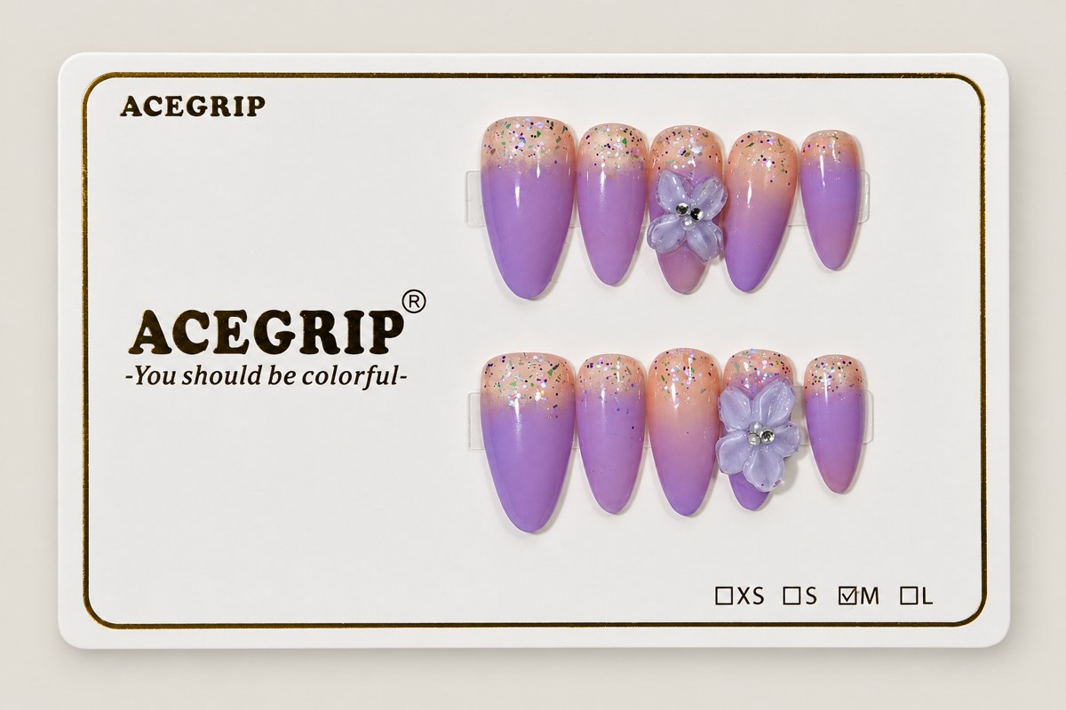 ACEGRIP Violet Blossoms, style FD9061, complete 10-nail set on its presentation card