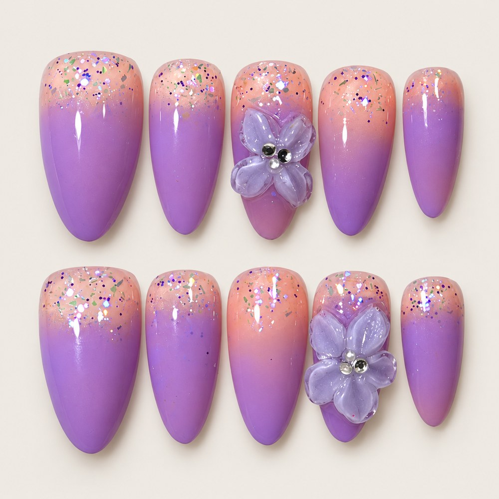 Violet Blossoms - Purple Floral & Ombre Press-On Nails