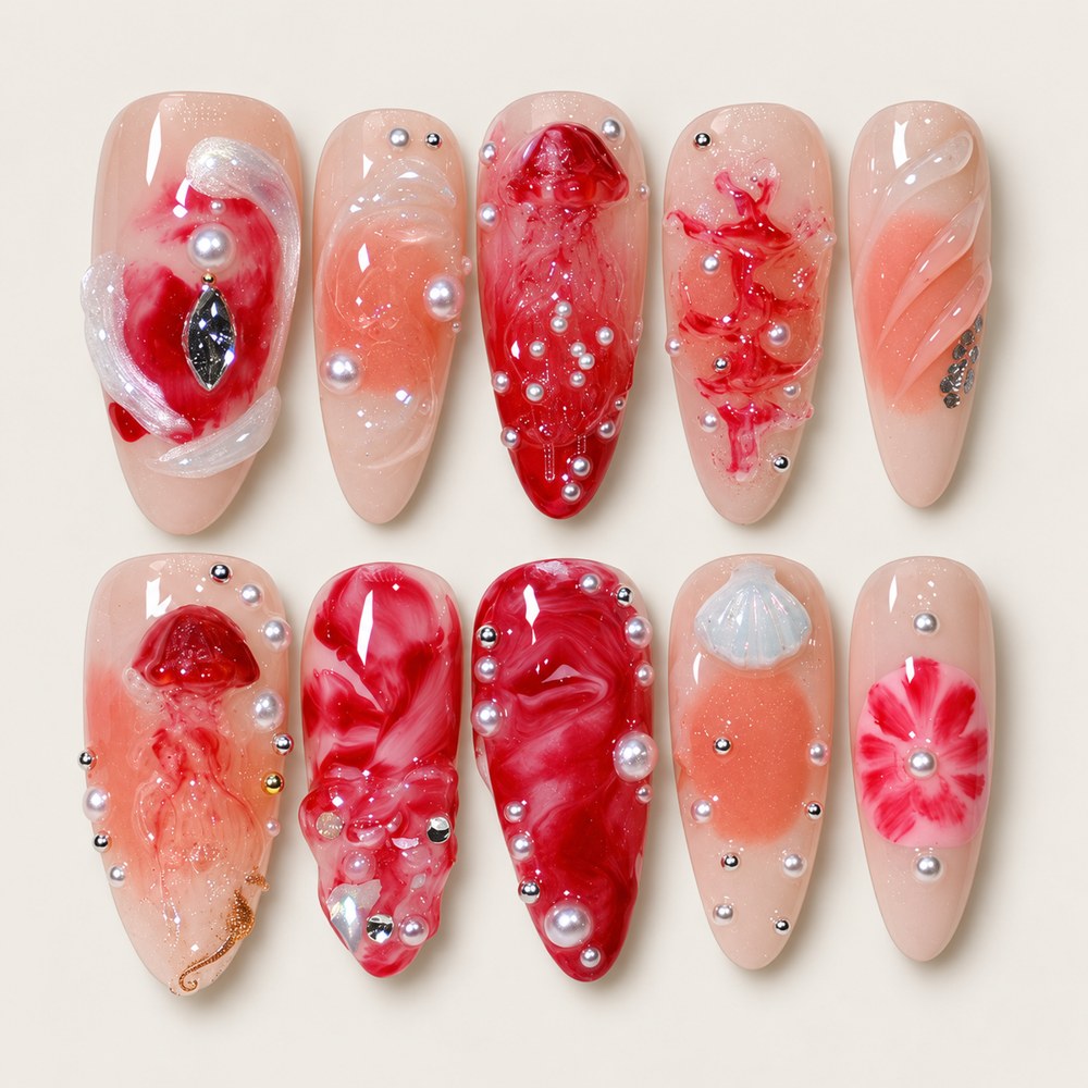 ACEGRIP Blush Bloom Sculpture press-on nails in peach nude, pink, red, and white, with floral accents, style FD9062