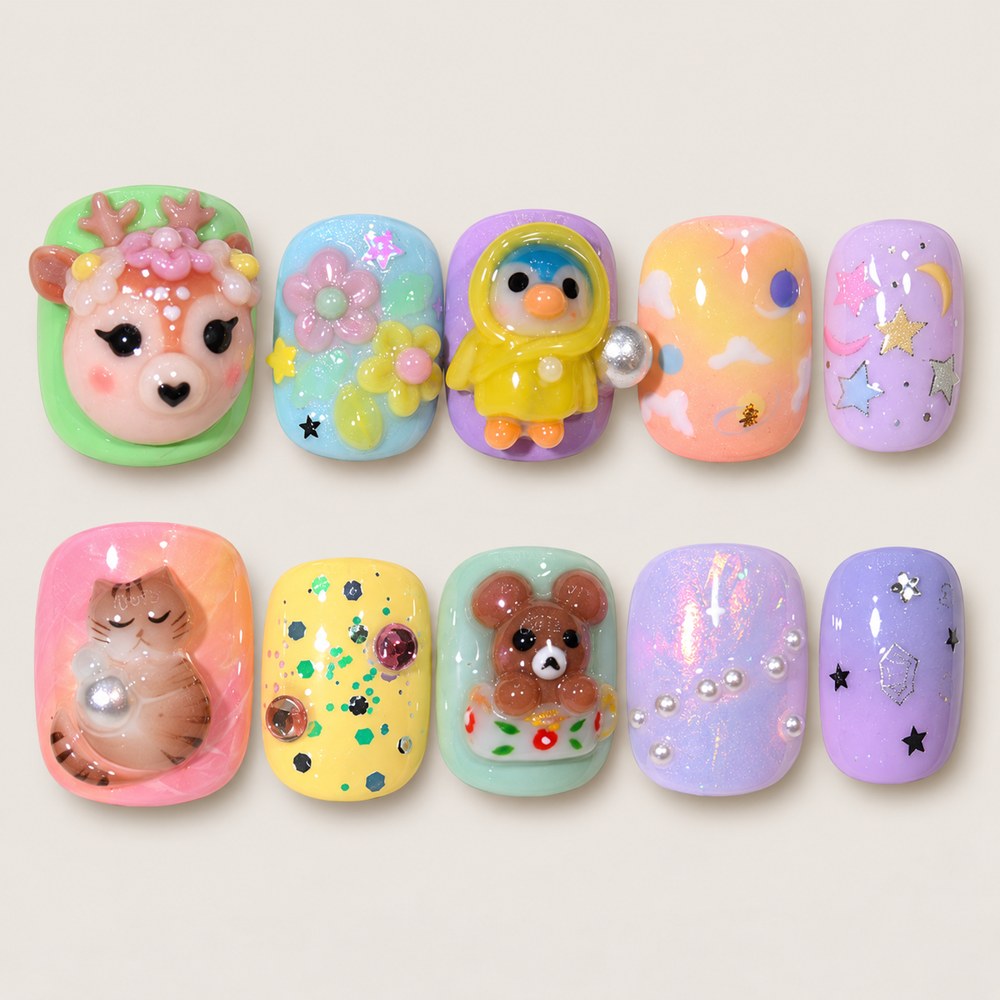 ACEGRIP Mint Companions press-on nails in mint green, pink, yellow, and purple, with animal accents, style FD9064