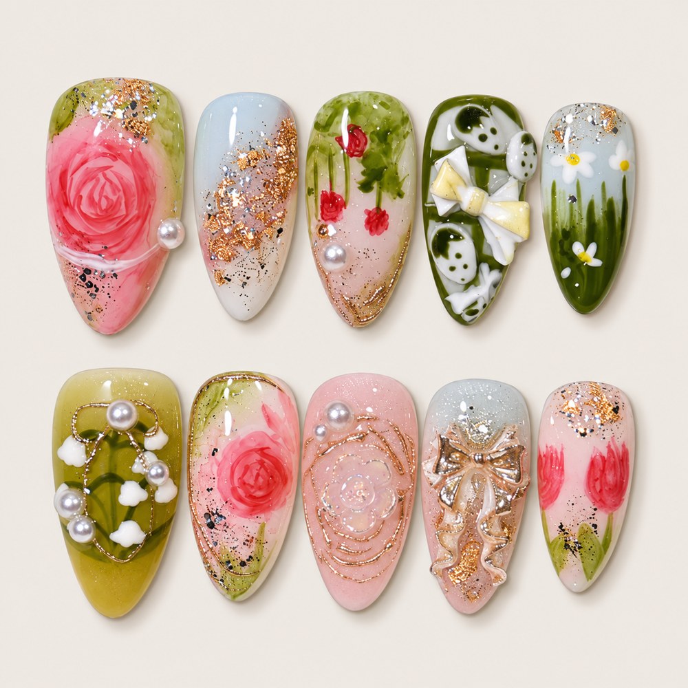 Jade Roses - Green Rose & Tulip Press-On Nails