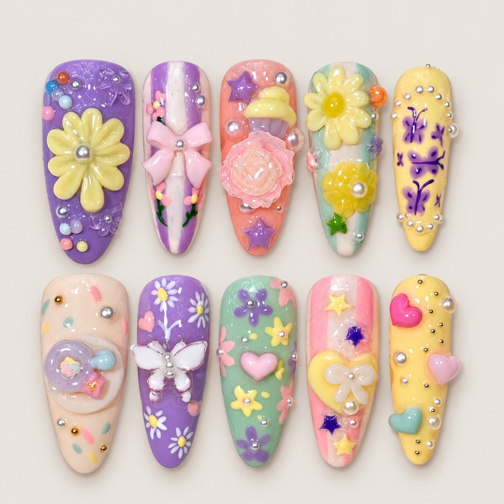 ACEGRIP Violet Garden press-on nails in purple, pink, yellow, and white, with floral accents, style FD9066