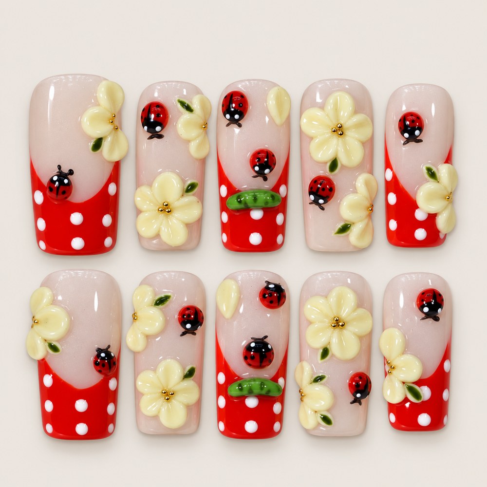 Blush Bloom Ladybug - Peach Nude Floral & Ladybug Press-On Nails
