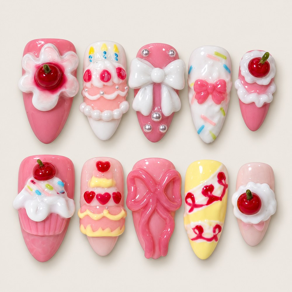 ACEGRIP Rose Candy Cherry press-on nails in pink, white, yellow, and red, with dessert and candy accents, style FD9070