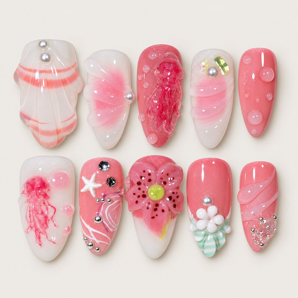 Ivory Seaside - White Ocean & Floral Press-On Nails
