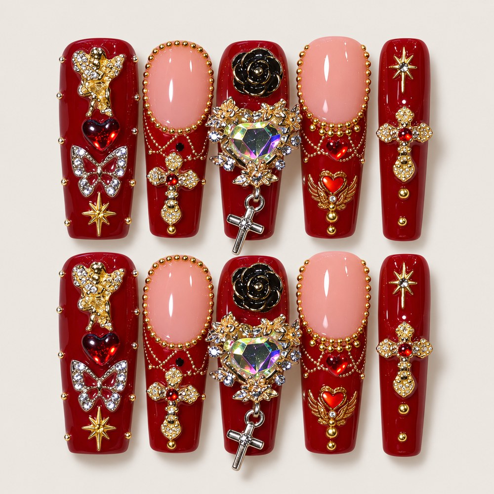 ACEGRIP Scarlet Cross Butterfly press-on nails in red, peach nude, gold tones, and silver tones, with cross motifs, style FD9073