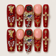 ACEGRIP Scarlet Cross Butterfly press-on nails in red, peach nude, gold tones, and silver tones, with cross motifs, style FD9073