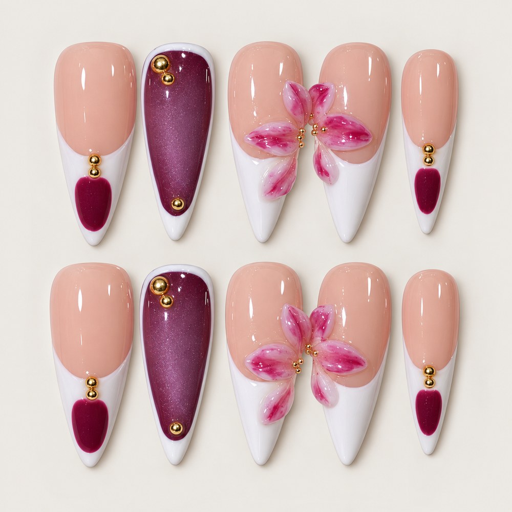 ACEGRIP Blush Floral French press-on nails in peach nude, white, pink, and purple, with floral accents, style FD9076