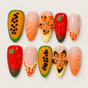 ACEGRIP Blush Fruit Market press-on nails in peach nude, yellow, orange, and red, with fruit motifs, style FD9077