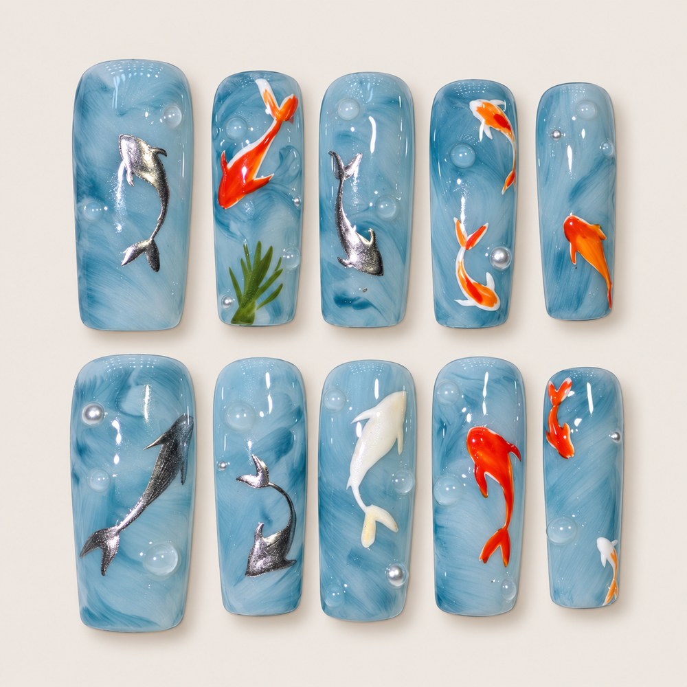 Azure Fish Tales - Blue Fish & Bubble Press-On Nails
