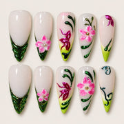 ACEGRIP Ivory Petal Leaves press-on nails in white, green, and pink, with floral accents, style FD9080