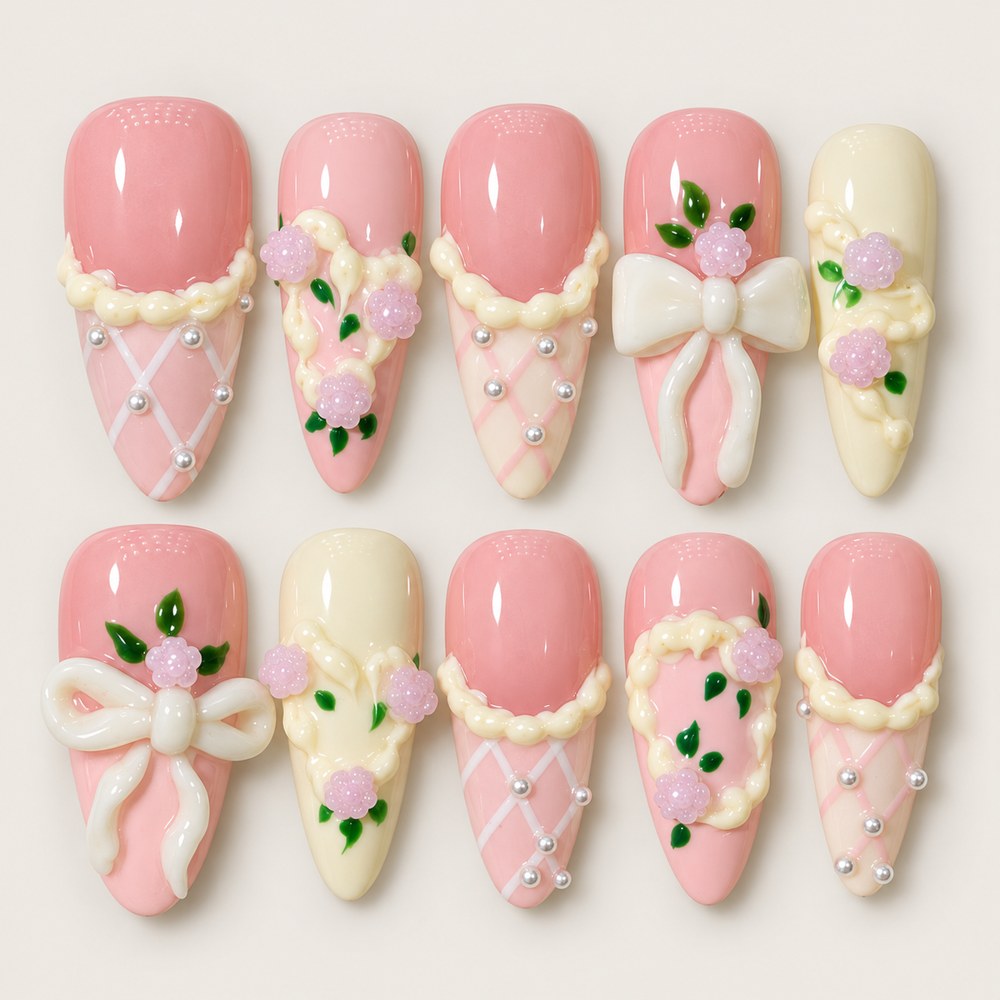 Rose Petal Bow - Pink Floral & Bow Press-On Nails