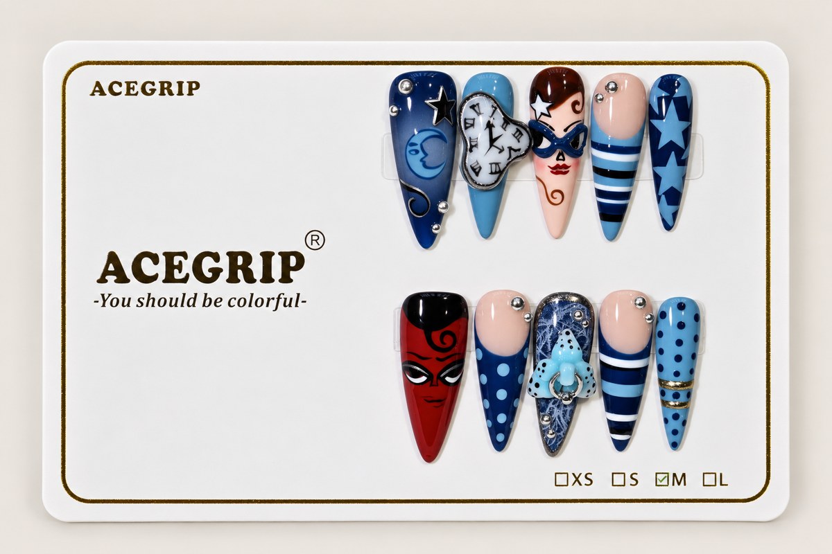 ACEGRIP Midnight Clockwork, style FD9089, complete 10-nail set on its presentation card