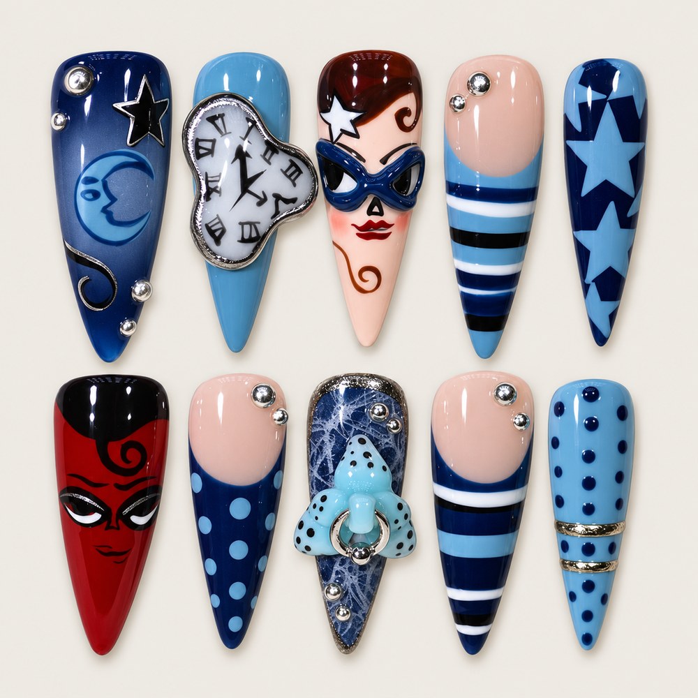 ACEGRIP Midnight Clockwork press-on nails in navy blue, blue, peach nude, and red, with clock-face motifs, style FD9089