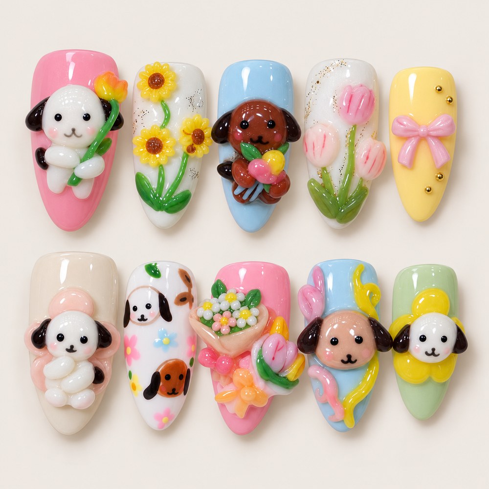 Rose Puppy - Pink Dog & Sunflower Press-On Nails