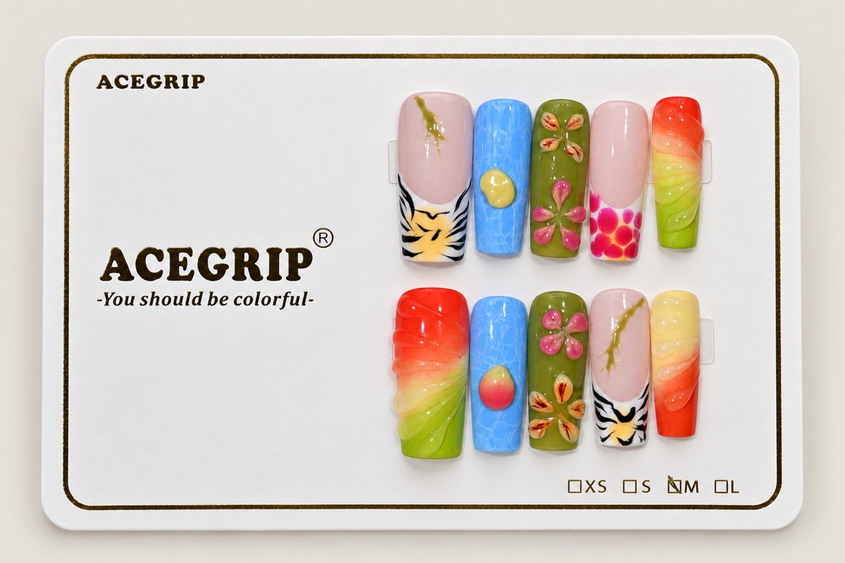ACEGRIP Blush Petal Fruit Market, style FD9091, complete 10-nail set on its presentation card