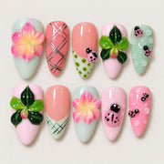 ACEGRIP Mint Blossoms press-on nails in mint green, pink, green, and black, with floral accents, style FD9092
