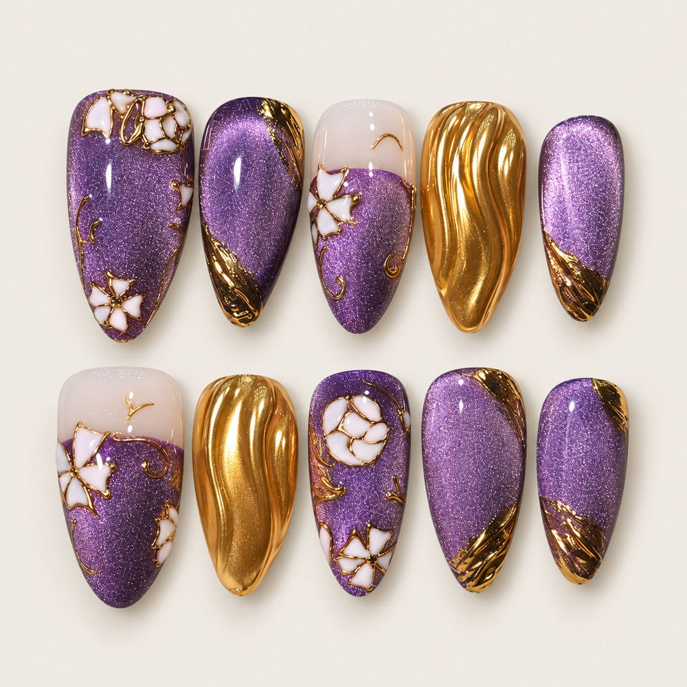 ACEGRIP Violet Floral press-on nails in purple and gold tones, with floral accents, style FD9094