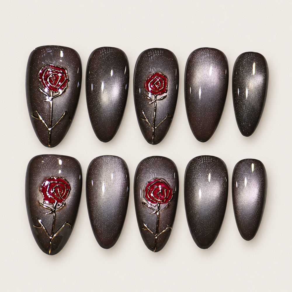 Onyx Roses - Black Rose & Line Art Press-On Nails