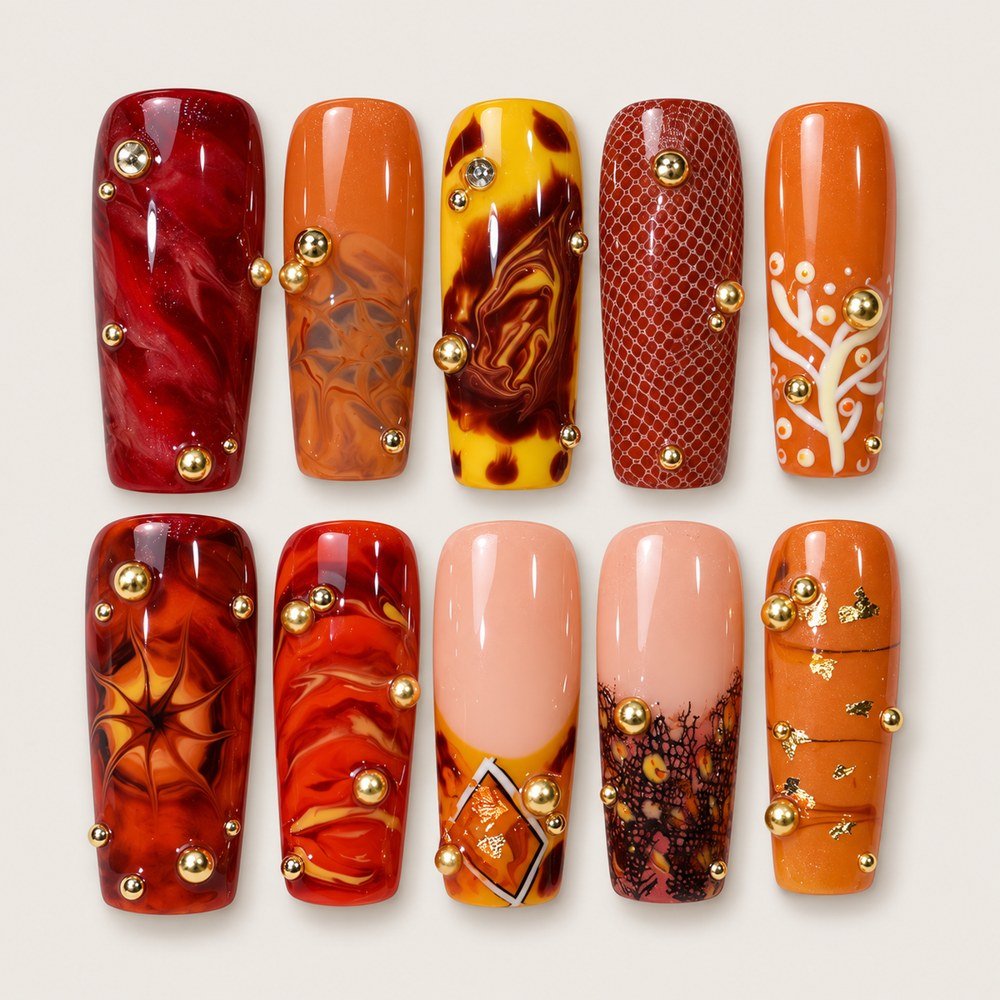 ACEGRIP Amber Mosaic press-on nails in red, orange, yellow, and gold tones, with marbled-looking swirls, style GH14002