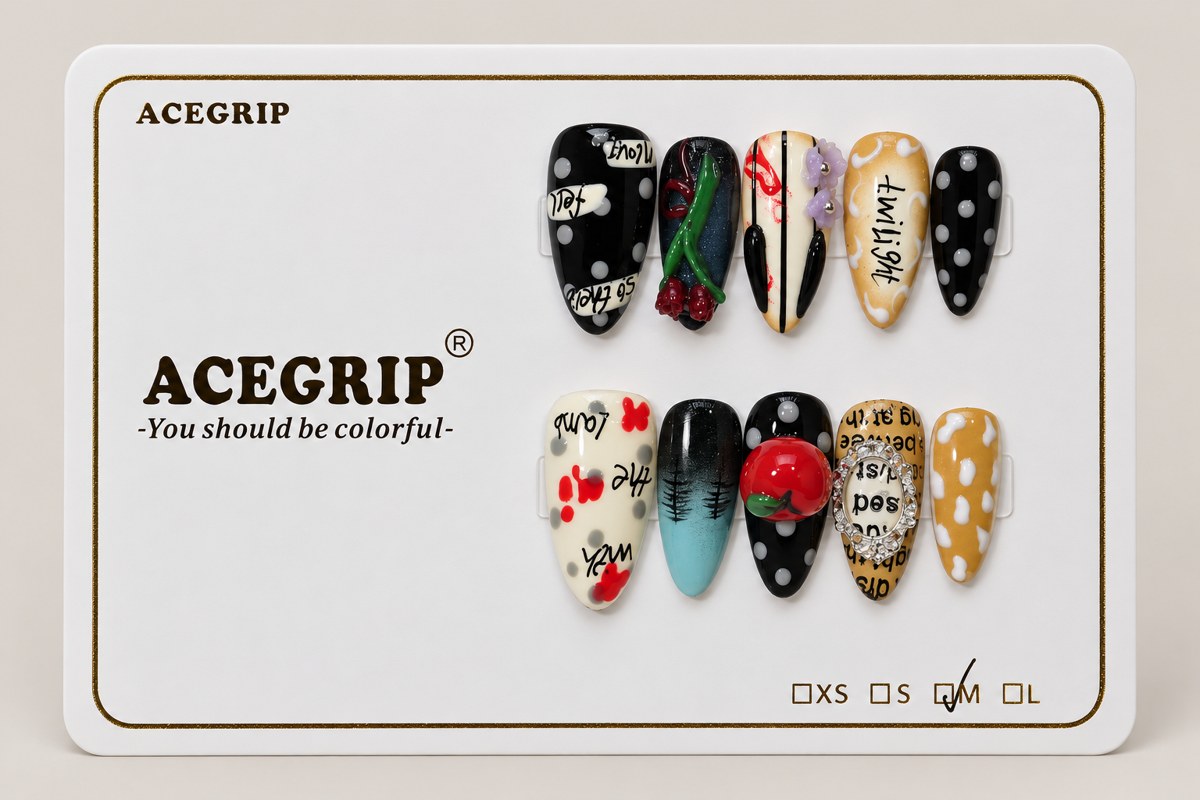 ACEGRIP Onyx Polka, style GH14006, complete 10-nail set on its presentation card