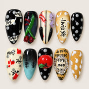 ACEGRIP Onyx Polka press-on nails in black, white, peach nude, and red, with polka dots, style GH14006