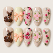 ACEGRIP Blush Deer press-on nails in peach nude, cream, pink, and green, with deer-shaped accents, style GH14007
