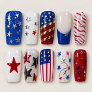 ACEGRIP Azure Starlight Stripes press-on nails in blue, red, white, and gold tones, with star motifs, style GH14008