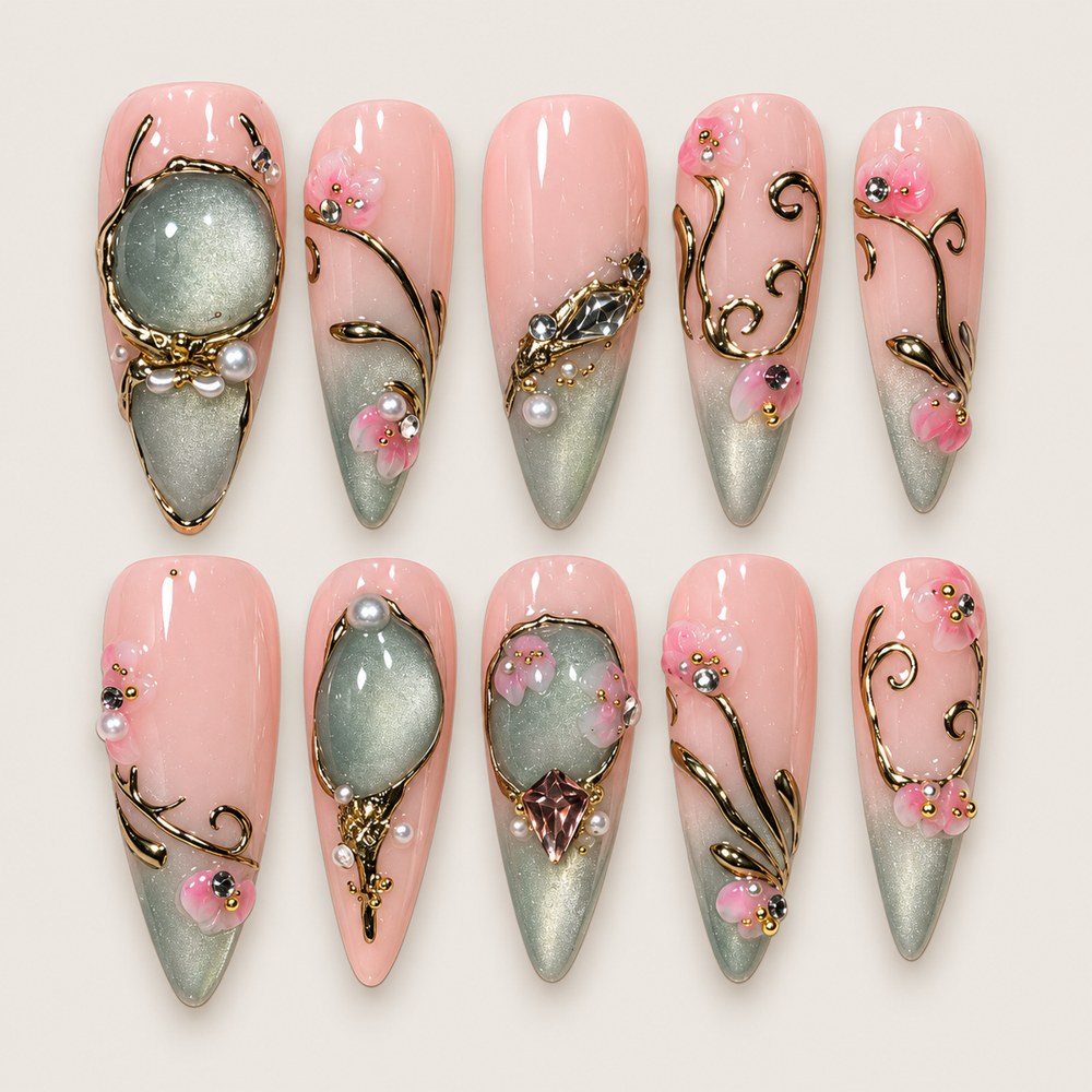 Rose Bloom Cameo - Pink Floral & Ornamental Press-On Nails