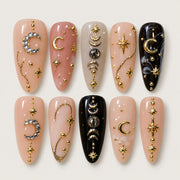 ACEGRIP Blush Moonlight press-on nails in peach nude, black, and gold tones, with crescent-moon motifs, style GH14011