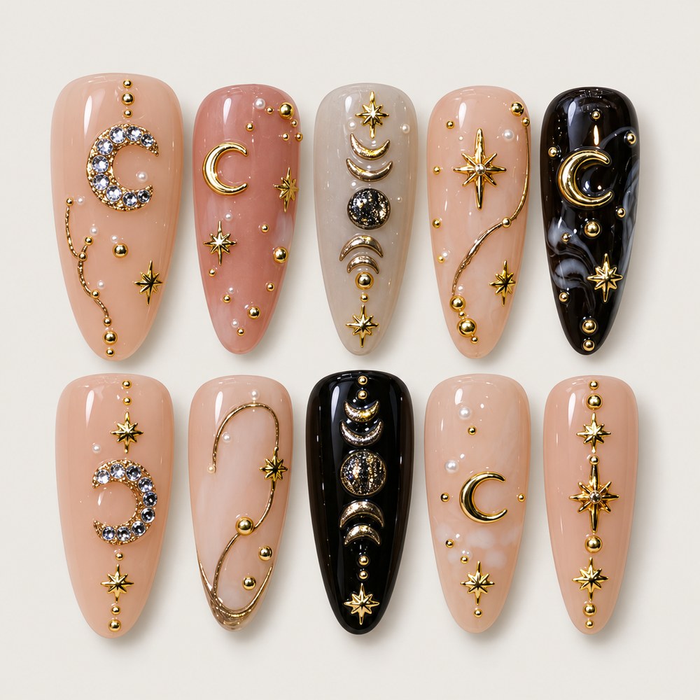 Blush Moonlight - Peach Nude Crescent-Moon & Star Press-On Nails