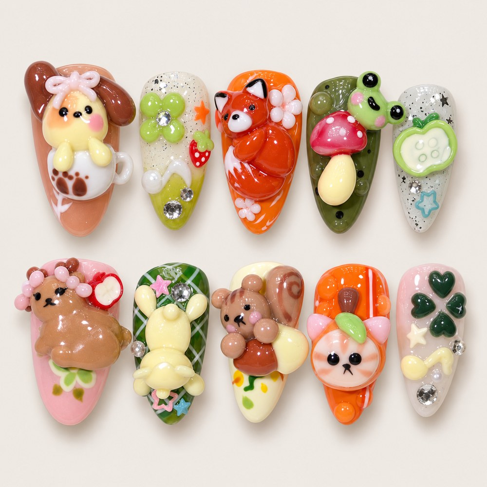 ACEGRIP Blush Companions Mushroom press-on nails in peach nude, green, orange, and cream, with animal accents, style GH14014