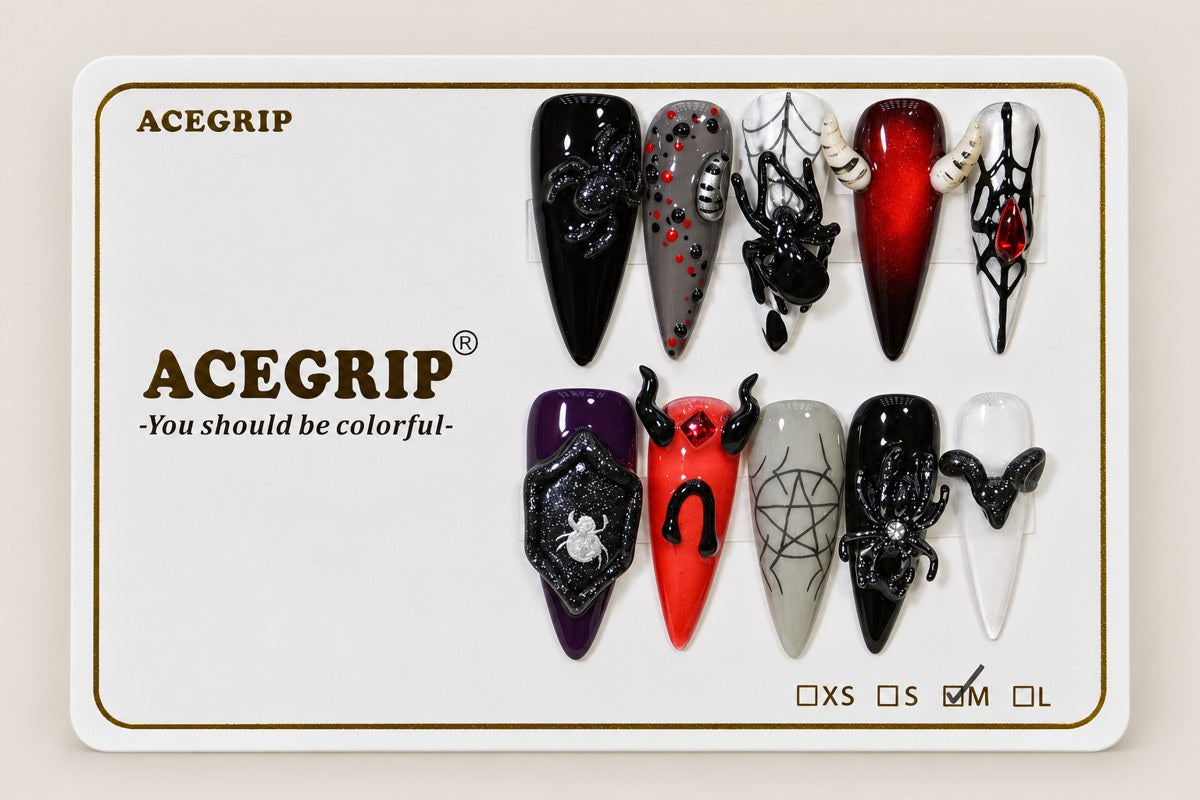 ACEGRIP Onyx Spiders, style GH14015, complete 10-nail set on its presentation card