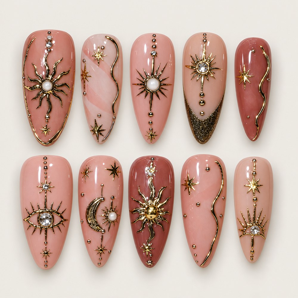 Rose Starburst - Pink Starburst & Line Art Press-On Nails