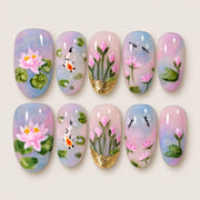 ACEGRIP Violet Petal Fish Tales press-on nails in purple, pink, blue, and green, with floral accents, style GH14017