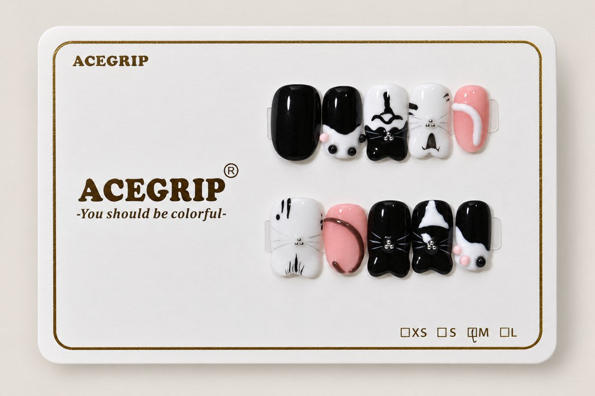 ACEGRIP Onyx Cat Café, style GH14019, complete 10-nail set on its presentation card