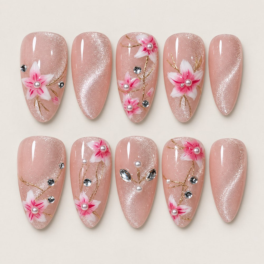 ACEGRIP Rose Blossom Branches press-on nails in pink, peach nude, and silver tones, with floral accents, style GH14020