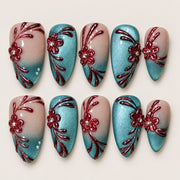 ACEGRIP Blush Floral Leaves press-on nails in peach nude, turquoise, and red, with floral accents, style GH14022