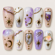 ACEGRIP Violet Starlight press-on nails in purple, white, peach nude, and gold tones, with star motifs, style GH14023