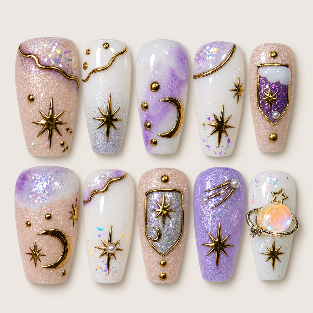 Violet Starlight - Purple Star & Crescent-Moon Press-On Nails