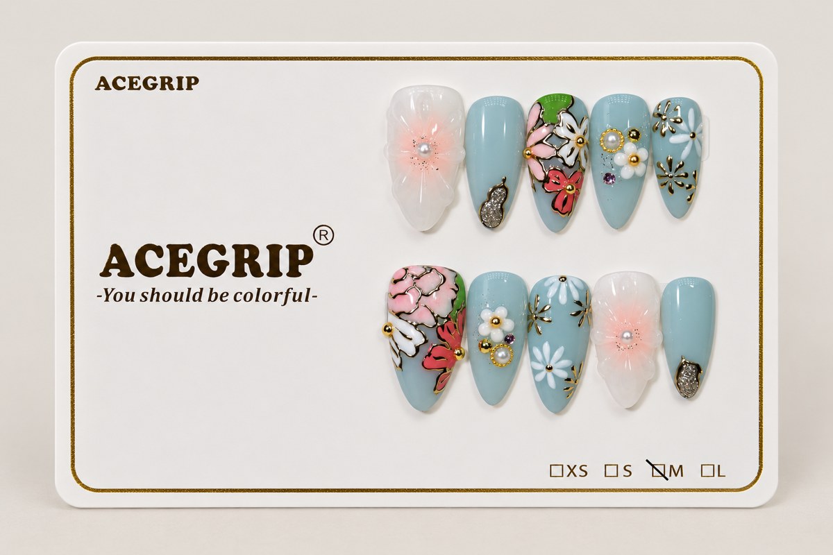 ACEGRIP Azure Petal Pearls, style GH14026, complete 10-nail set on its presentation card
