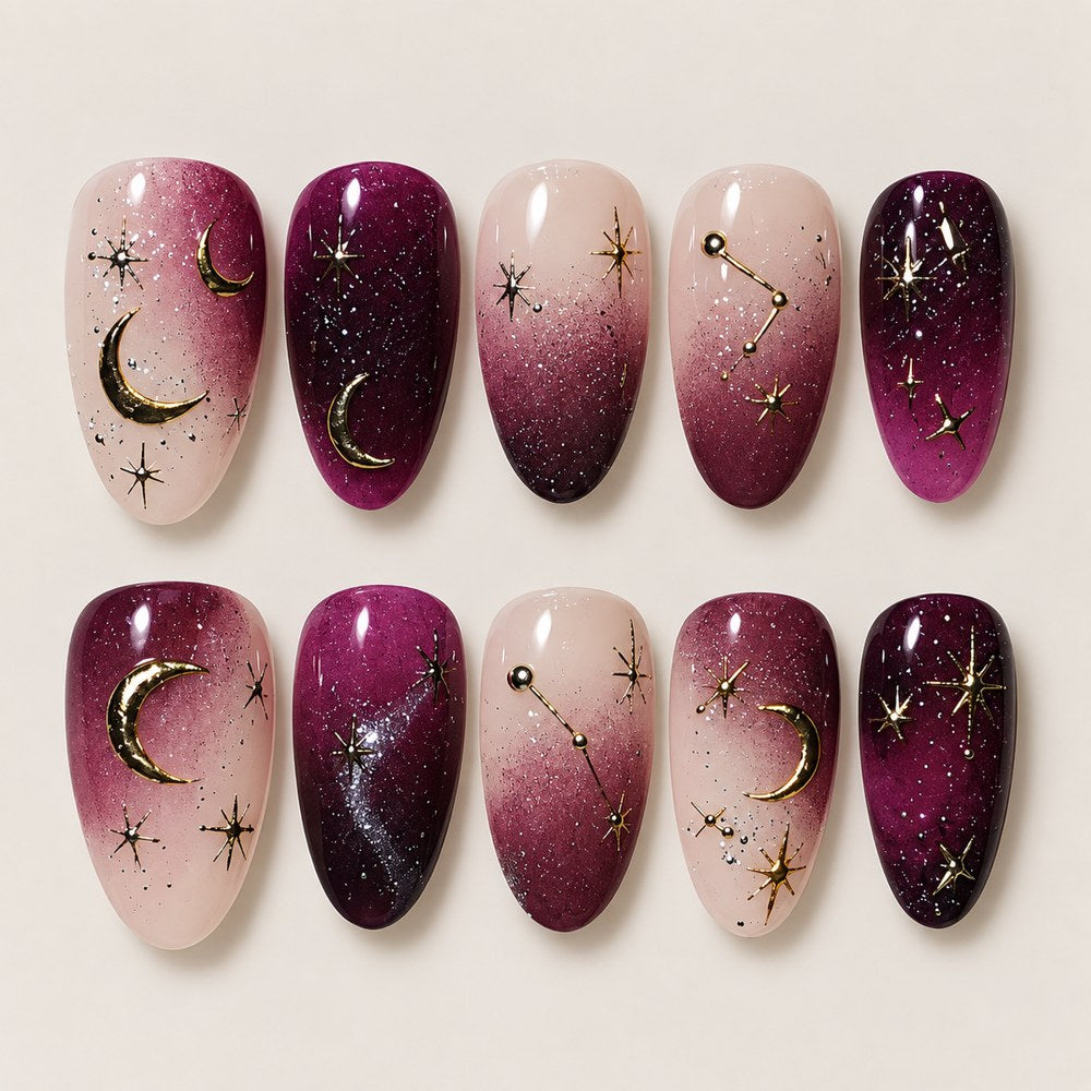 ACEGRIP Blush Moonlight Starlight press-on nails in peach nude, purple, red, and gold tones, with crescent-moon motifs, style GH14029