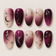ACEGRIP Blush Moonlight Starlight press-on nails in peach nude, purple, red, and gold tones, with crescent-moon motifs, style GH14029