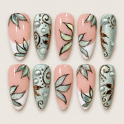 ACEGRIP Rose Leaves press-on nails in pink, mint green, and gold tones, with leaf motifs, style GH14031