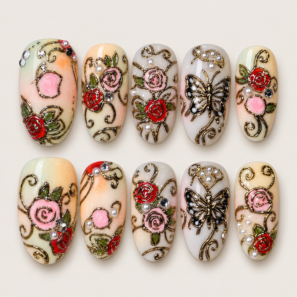 Blush Roses - Peach Nude Rose & Butterfly Press-On Nails
