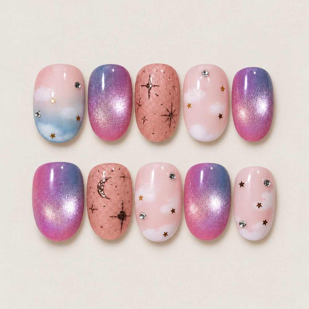 Rose Starlight - Pink Star & Crescent-Moon Press-On Nails